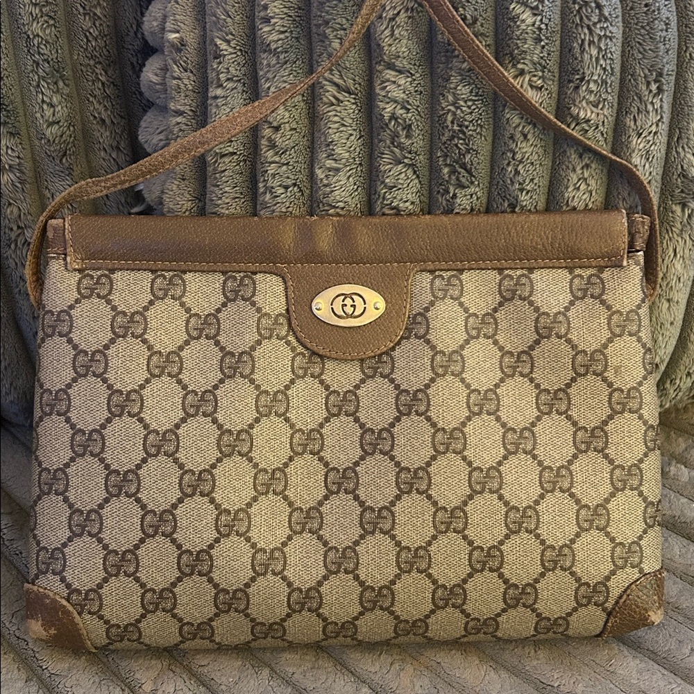 Gucci Vintage Crossbody Coated Canvas Shoulder Bag GG Monogram Leather Trim
